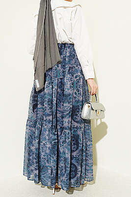 Etnik Desen Katlı Şifon Etek İndigo - Etek