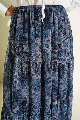 Etnik Desen Katlı Şifon Etek İndigo - Etek