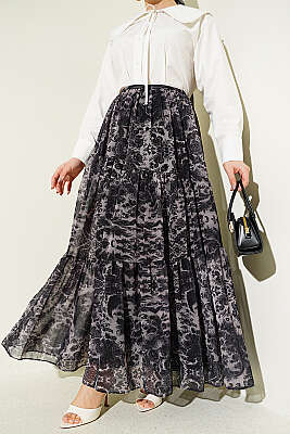 Etnik Desen Katlı Şifon Etek Siyah - VAV TEKSTİL