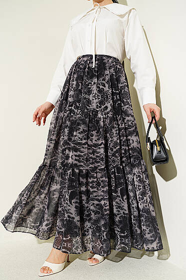 Etnik Desen Katlı Şifon Etek Siyah - Etek