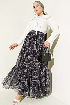 Etnik Desen Katlı Şifon Etek Siyah - Etek