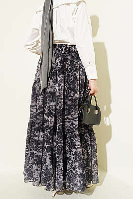 Etnik Desen Katlı Şifon Etek Siyah - Etek