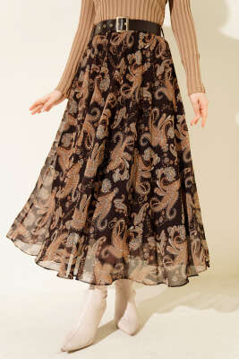 Etnik Desen Kemerli Şifon Etek Kahve - ESTELLE