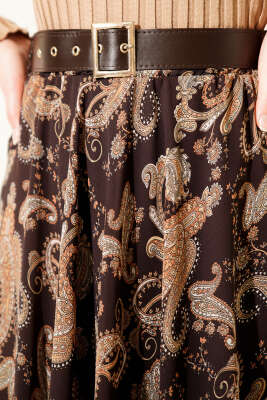 Etnik Desen Kemerli Şifon Etek Kahve - Etek