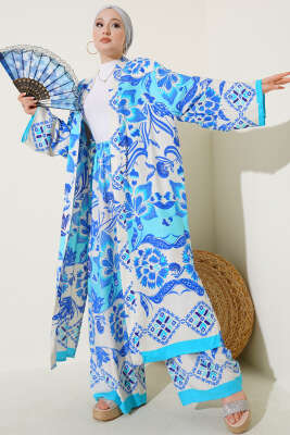 Etnik Desen Kimono İkili Takım Turkuaz - İkili Takım