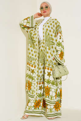 Etnik Desen Kimono İkili Takım Yağ Yeşili 