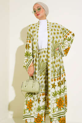 Etnik Desen Kimono İkili Takım Yağ Yeşili - 2
