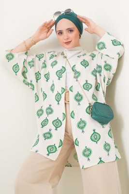 Etnik Desen Kuşaklı Yeşil Kimono - Thumbnail