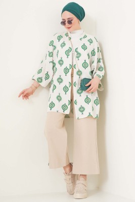 Etnik Desen Kuşaklı Yeşil Kimono - Thumbnail