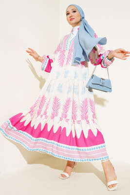 Etnik Desen Patlı Elbise Fuşya 