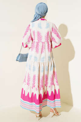 Etnik Desen Patlı Elbise Fuşya - Tesettür Elbise