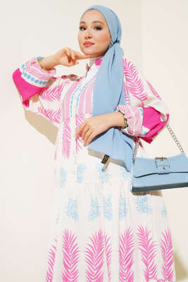 Etnik Desen Patlı Elbise Fuşya - Tesettür Elbise