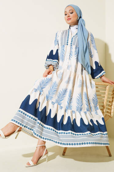 Etnik Desen Patlı Elbise Lacivert - Elbise