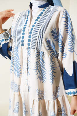 Etnik Desen Patlı Elbise Lacivert - Tesettür Elbise