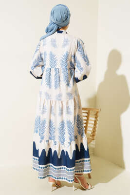 Etnik Desen Patlı Elbise Lacivert - Tesettür Elbise