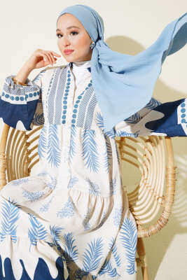 Etnik Desen Patlı Elbise Lacivert - Tesettür Elbise