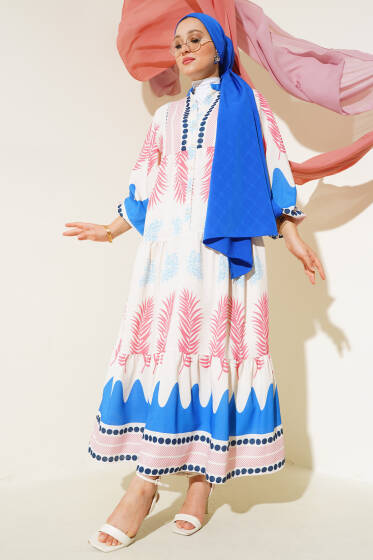 Etnik Desen Patlı Elbise Saks - Elbise