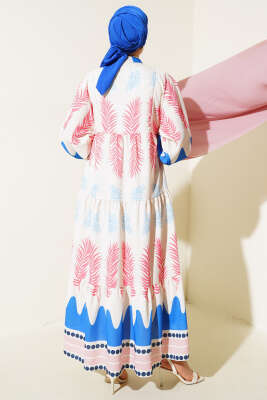 Etnik Desen Patlı Elbise Saks - Tesettür Elbise