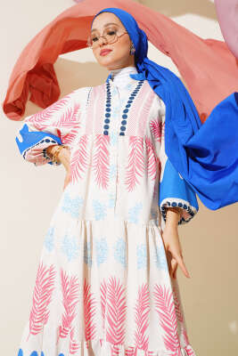 Etnik Desen Patlı Elbise Saks - Tesettür Elbise