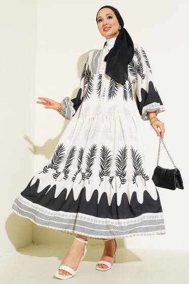 Etnik Desen Patlı Elbise Siyah - Elbise