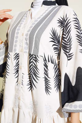 Etnik Desen Patlı Elbise Siyah - Tesettür Elbise