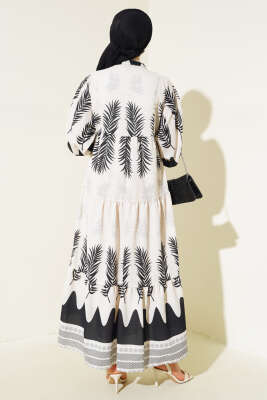 Etnik Desen Patlı Elbise Siyah - Tesettür Elbise