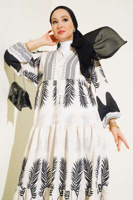 Etnik Desen Patlı Elbise Siyah - Tesettür Elbise