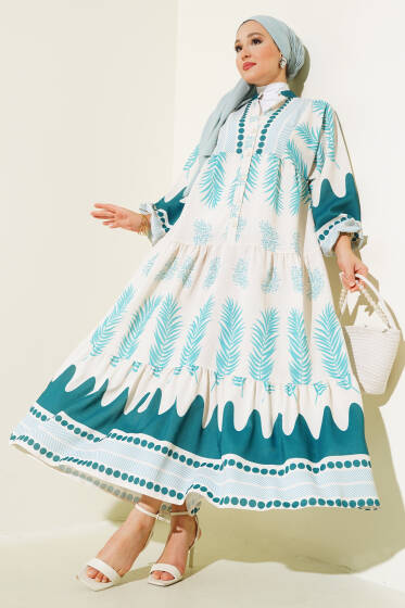 Etnik Desen Patlı Elbise Zümrüt - Elbise