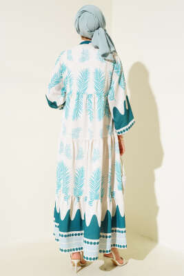 Etnik Desen Patlı Elbise Zümrüt - Tesettür Elbise