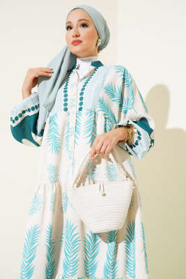 Etnik Desen Patlı Elbise Zümrüt - Tesettür Elbise