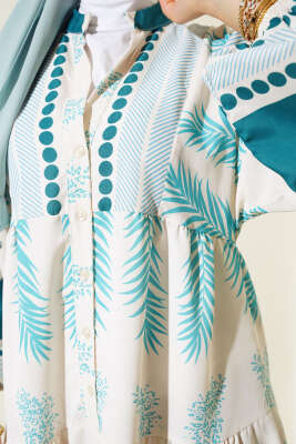 Etnik Desen Patlı Elbise Zümrüt - Tesettür Elbise