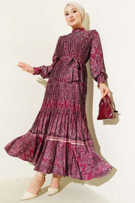 Etnik Desen Pileli Saten Elbise Bordo - NK BY KORKUT