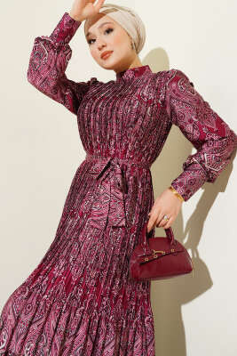 Etnik Desen Pileli Saten Elbise Bordo - Elbise