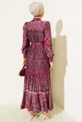 Etnik Desen Pileli Saten Elbise Bordo - Elbise