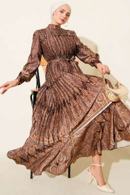 Etnik Desen Pileli Saten Elbise Kahve - NK BY KORKUT