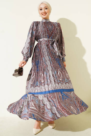 Etnik Desen Pileli Saten Elbise Kestane - Elbise