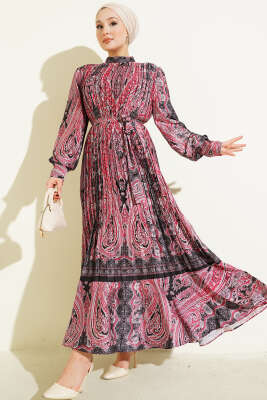 Etnik Desen Pileli Saten Elbise Kırmızı - NK BY KORKUT