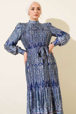 Etnik Desen Pileli Saten Elbise Lacivert - Elbise