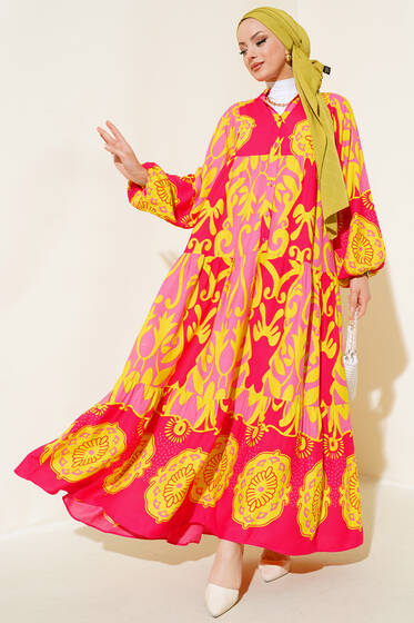 Etnik Desen Salaş Elbise Fuşya - Elbise