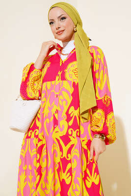 Etnik Desen Salaş Elbise Fuşya - Tesettür Elbise