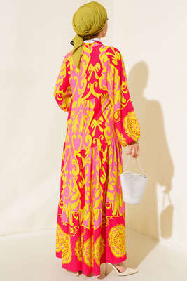 Etnik Desen Salaş Elbise Fuşya - Tesettür Elbise