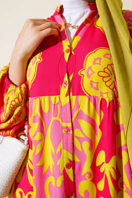 Etnik Desen Salaş Elbise Fuşya - Tesettür Elbise