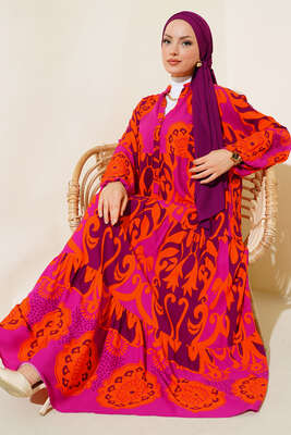 Etnik Desen Salaş Elbise Mor - Tesettür Elbise