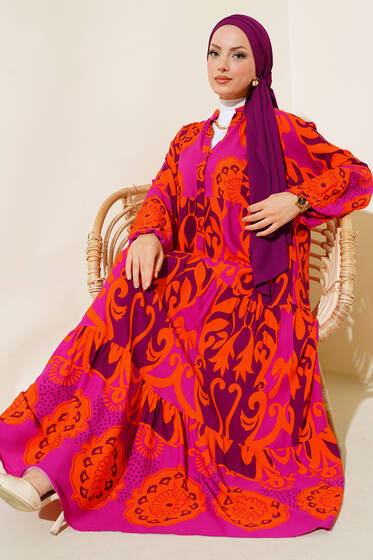 Etnik Desen Salaş Elbise Mor - Tesettür Elbise