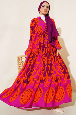 Etnik Desen Salaş Elbise Mor - Tesettür Elbise