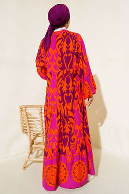 Etnik Desen Salaş Elbise Mor - Tesettür Elbise