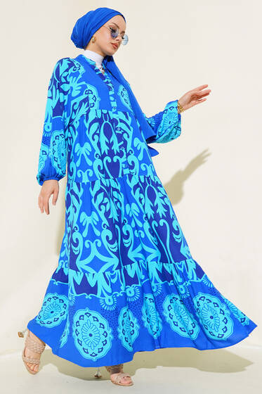 Etnik Desen Salaş Elbise Saks - Elbise