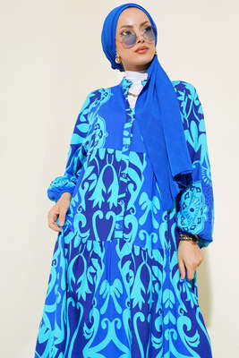 Etnik Desen Salaş Elbise Saks - Tesettür Elbise