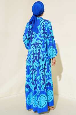 Etnik Desen Salaş Elbise Saks - Tesettür Elbise