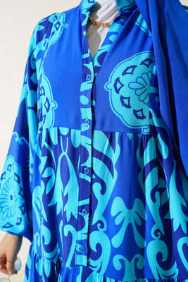 Etnik Desen Salaş Elbise Saks - Tesettür Elbise